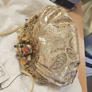 Gold Beaded Evening Clutch with Embellished Accent